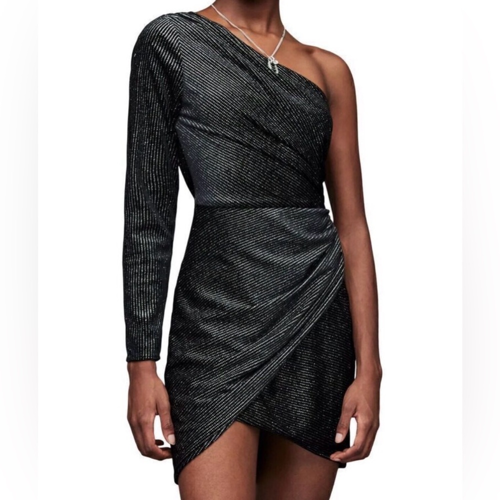 AllSaints Ezra Black Metallic Sparkle Asymmetrical Mini Dress Size 12